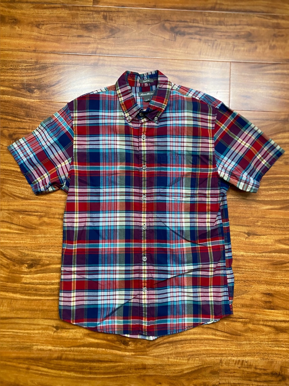 Eddie Bauer Mens Multicolor Plaid Collared Short Sleeve Button Down Shirt Size S